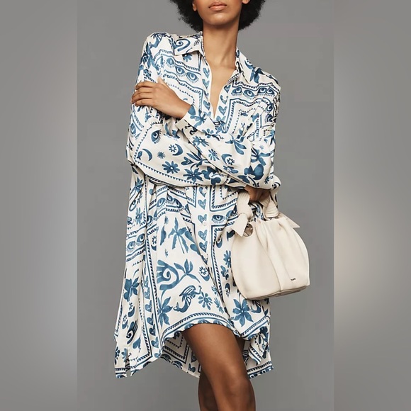 ANTHROPOLOGY Corey Lynn Calter Blue Rayon Print Mini Shirt Dress Size Small - Picture 3 of 9